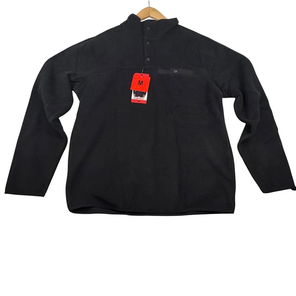 32 Degrees Heat Mens Fleece Pullover Mock Neck Snap Button Black Medium NEW